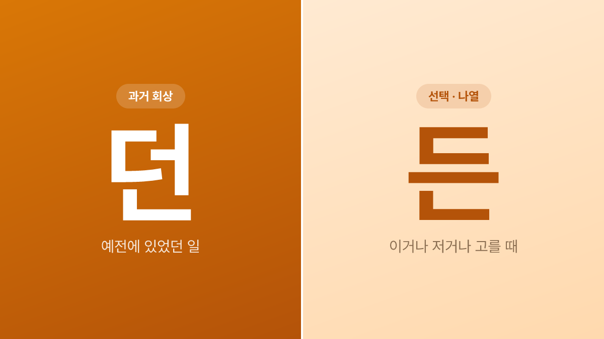 던과 든을 좌우로 나눠 비교한 단순 카드, 왼쪽 던 오른쪽 든