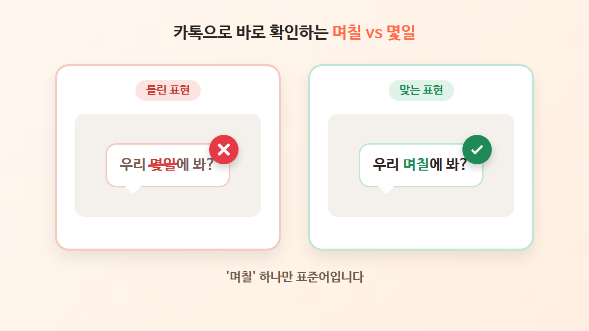 카톡 대화창 두 개를 나란히 비교하는 이미지, 왼쪽은 몇일에 빨간 취소선, 오른쪽은 며칠에 파란 체크